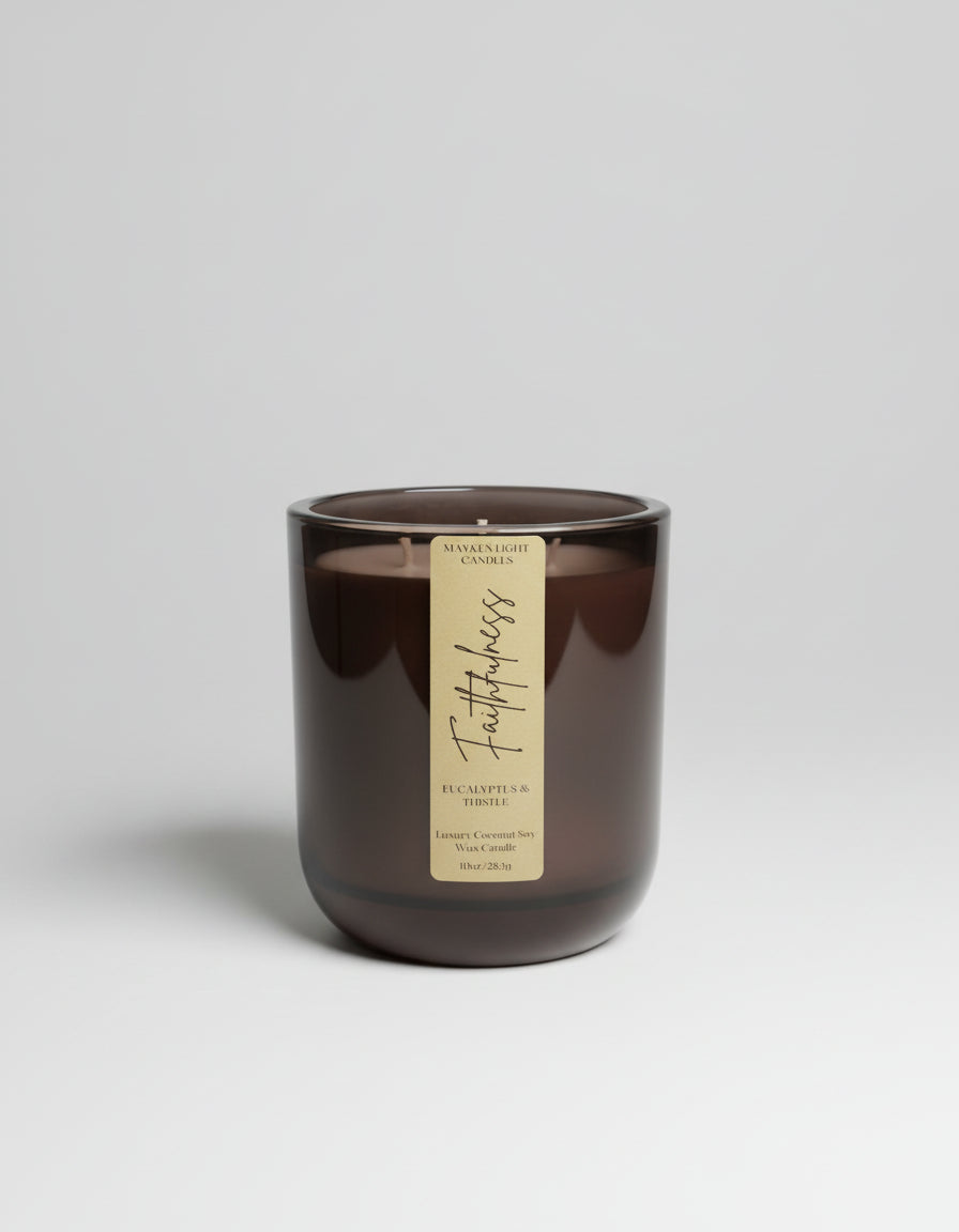 Candle with a label on a marble surface