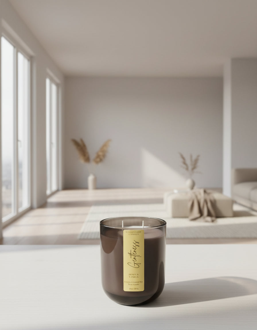 Candle with a label on a marble surface